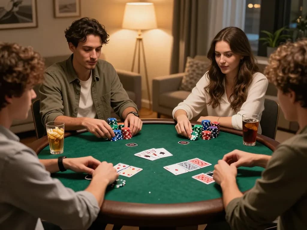 Friends strategizing at a poker night, enjoying games with gem88 for fun.