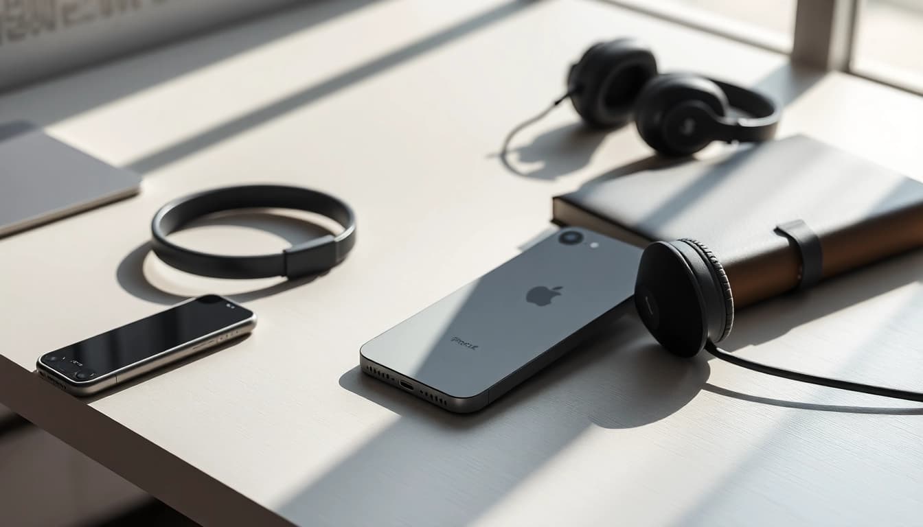 Visualiza el iPhone SE 4 en un entorno moderno con accesorios de tecnología.
