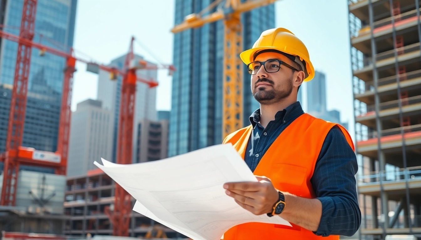 Manhattan Construction Manager coordinating a busy urban construction site with blueprints.
