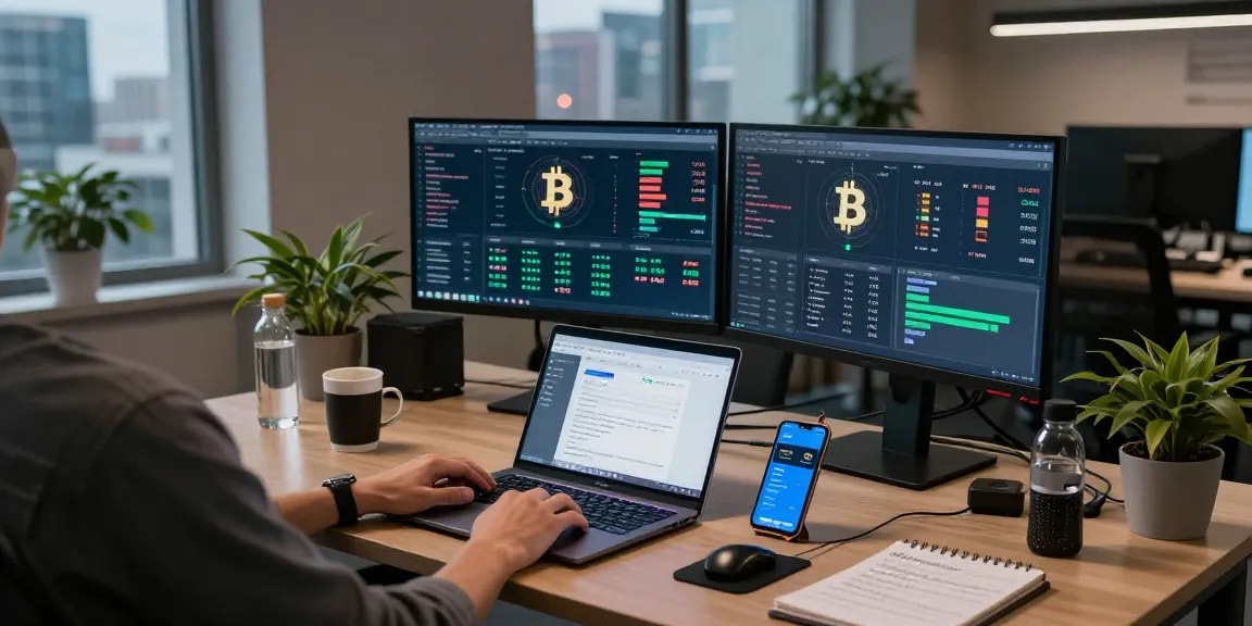 bitcoin mining website showcasing a professional crypto mining setup with monitors, hardware wallet, and digital assets tracking.