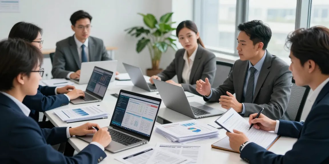 Team collaborating on financial crime intelligence strategies in modern office.