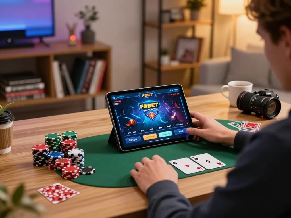 Engage with F8 BET in an inviting home gaming setup, showcasing an immersive gambling experience.