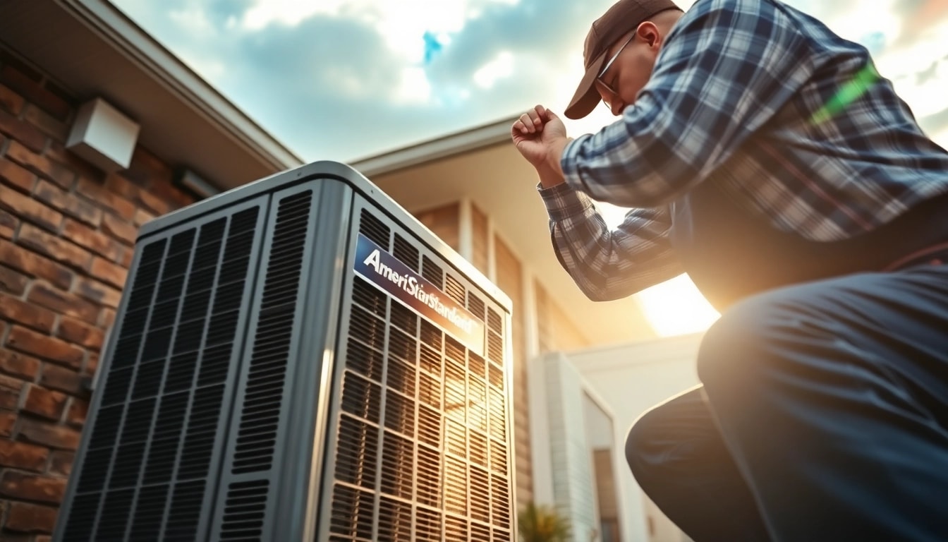 Showcase of American Standard heat pumps being installed outside a modern home.