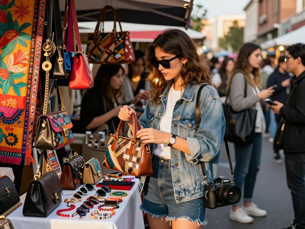 Fashionable woman exploring 레플리카 handbags in a vibrant market setting