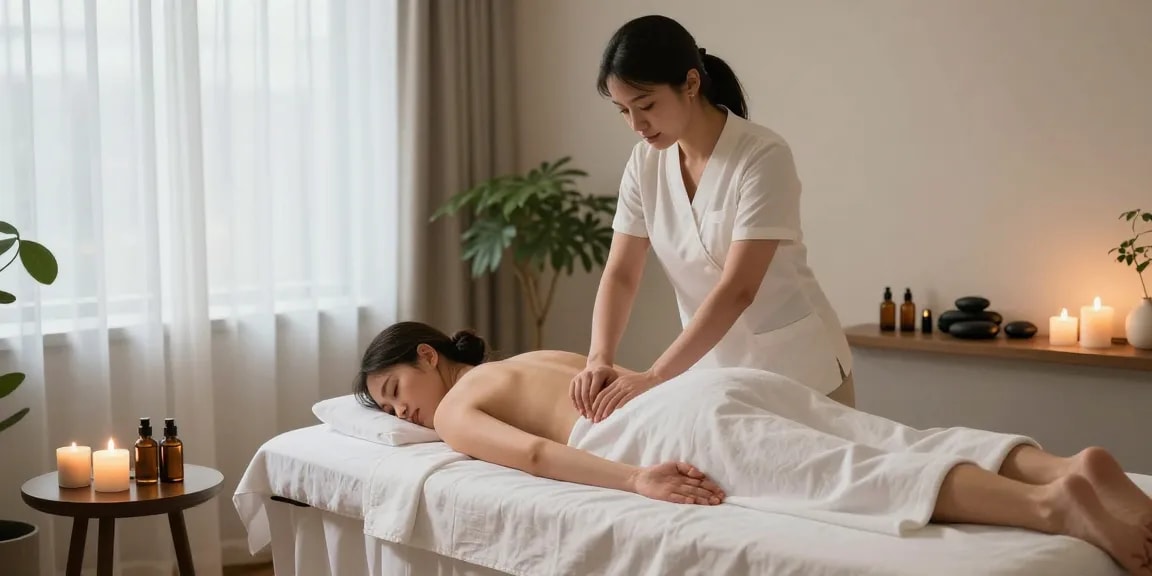 마사지 받는 모습과 아로마 오일을 배치한 편안한 스파 분위기