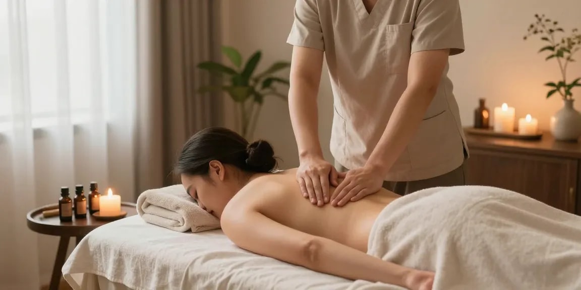 마사지 치료를 받는 편안한 고객과 아로마 오일, 캔들을 사용한 아늑한 스파 실내