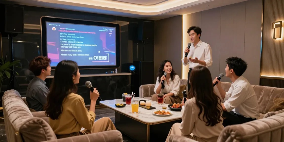 강남쩜오의 프리미엄 유흥 공간에서 고객들이 즐겁게 노래하는 모습과 세심한 서비스가 돋보이는 장면