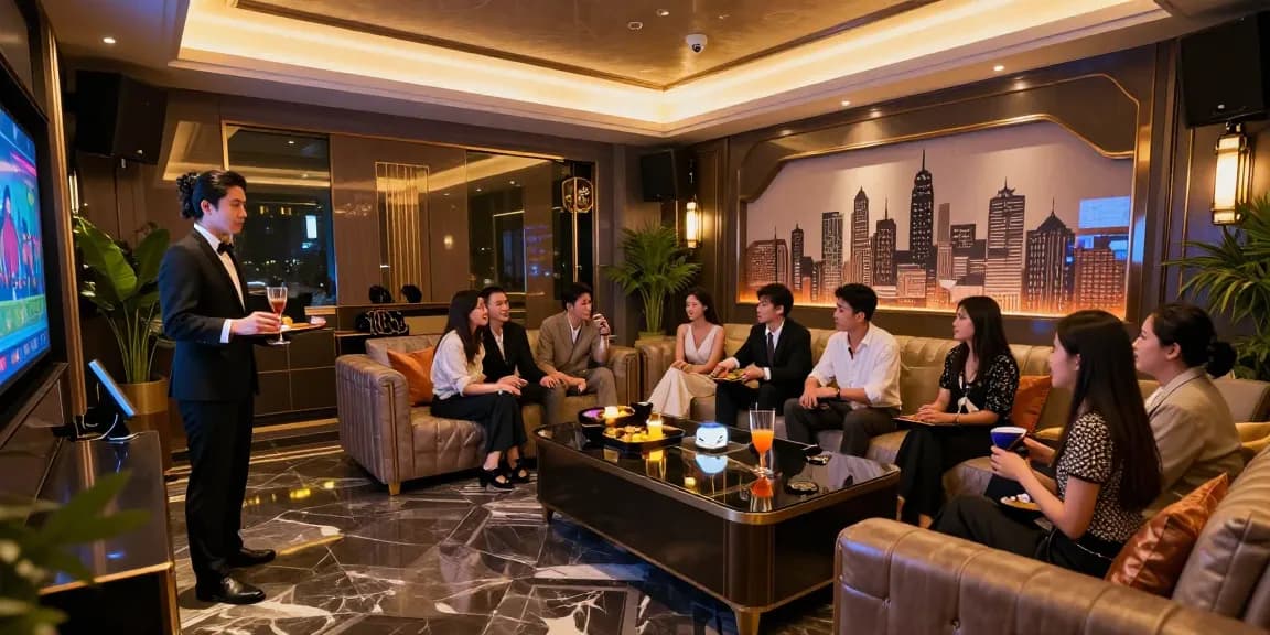 강남쩜오 고급 노래방 내부 모습, 안락한 좌석과 멋진 조명으로 아늑한 분위기를 연출합니다.