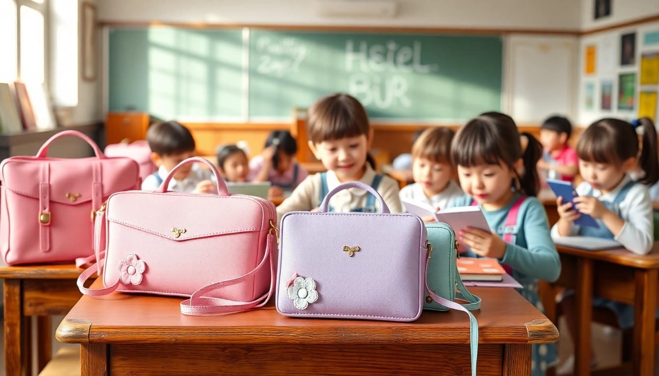 パステルカラーのかわいいランドセルがスタイリッシュな教室に展示され、2026年の女の子向けのトレンディなデザインを紹介。