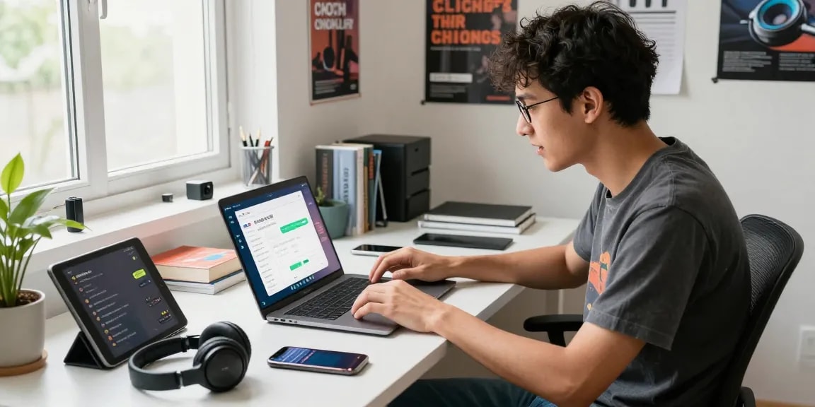 Downloading the latest 纸飞机下载 app in a vibrant modern workspace, showcasing tech gadgets and dynamic atmosphere.