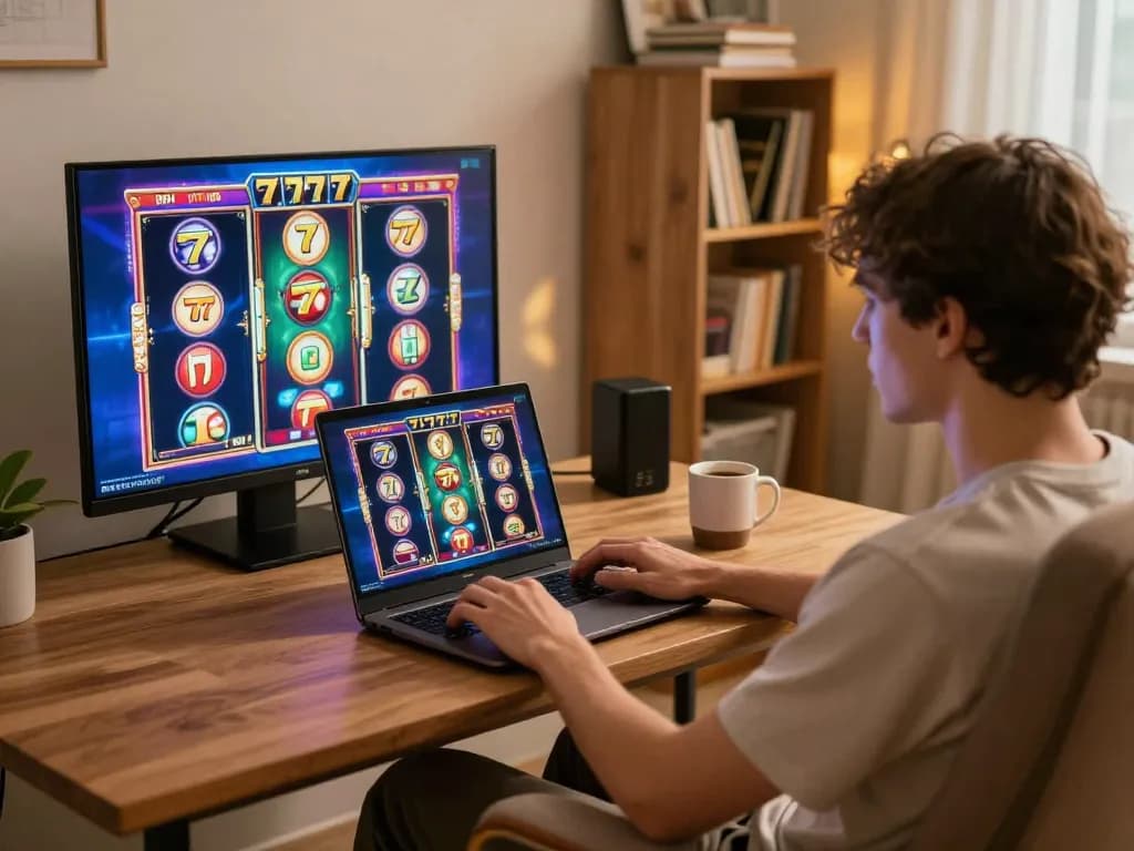 Engaged player spins the reels on slot777 game in a cozy home setting.