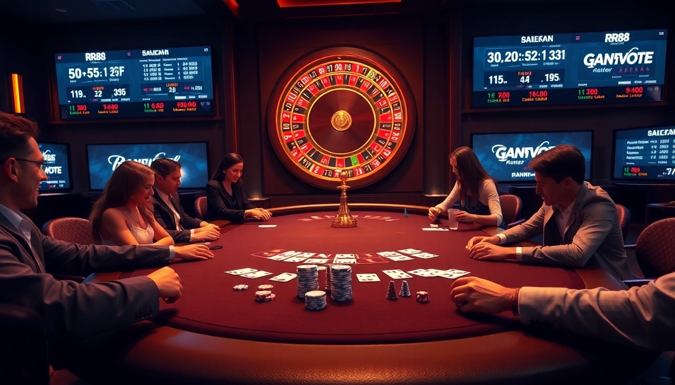 Engaging casino scene with players at RR88 online tables, showcasing excitement and strategy.