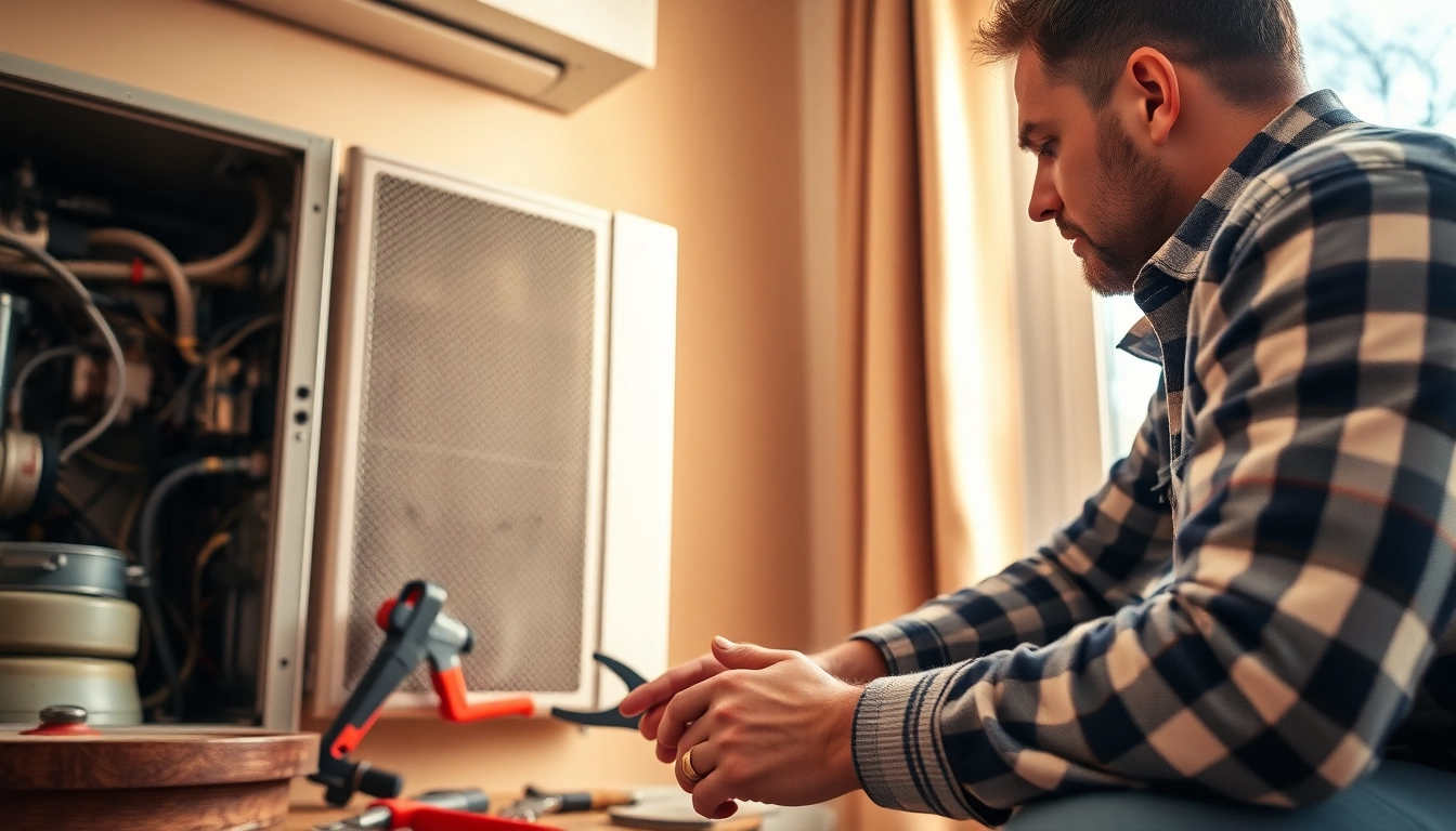 Technician efficiently conducting emergency heating repair in a home, showcasing expertise and professionalism.