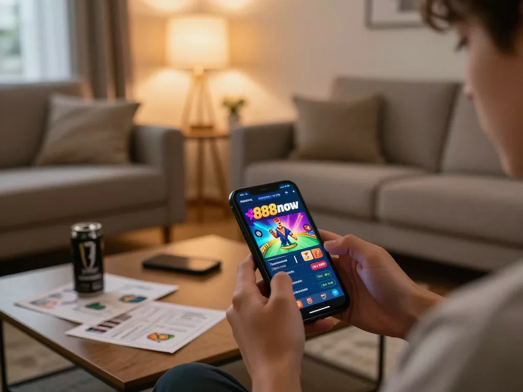 Engaging with 888now com casino app on smartphone in cozy modern setting.