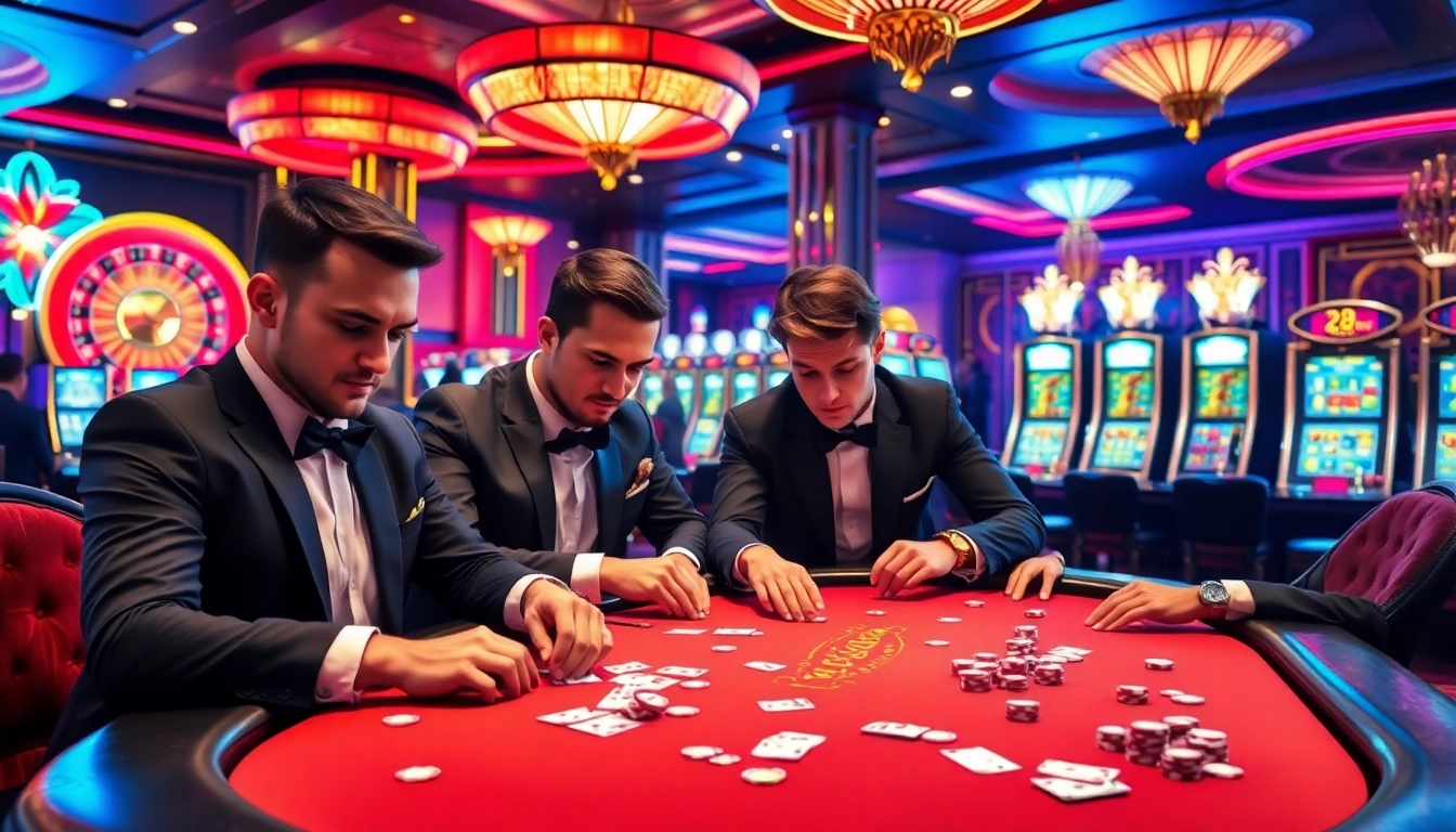 Engaged players at a 28bet poker table, showcasing strategy in a luxurious casino environment.