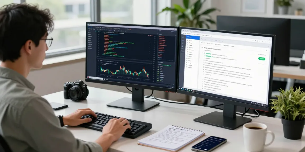 Developer analyzing HK stock WebSocket API data at a modern tech workspace