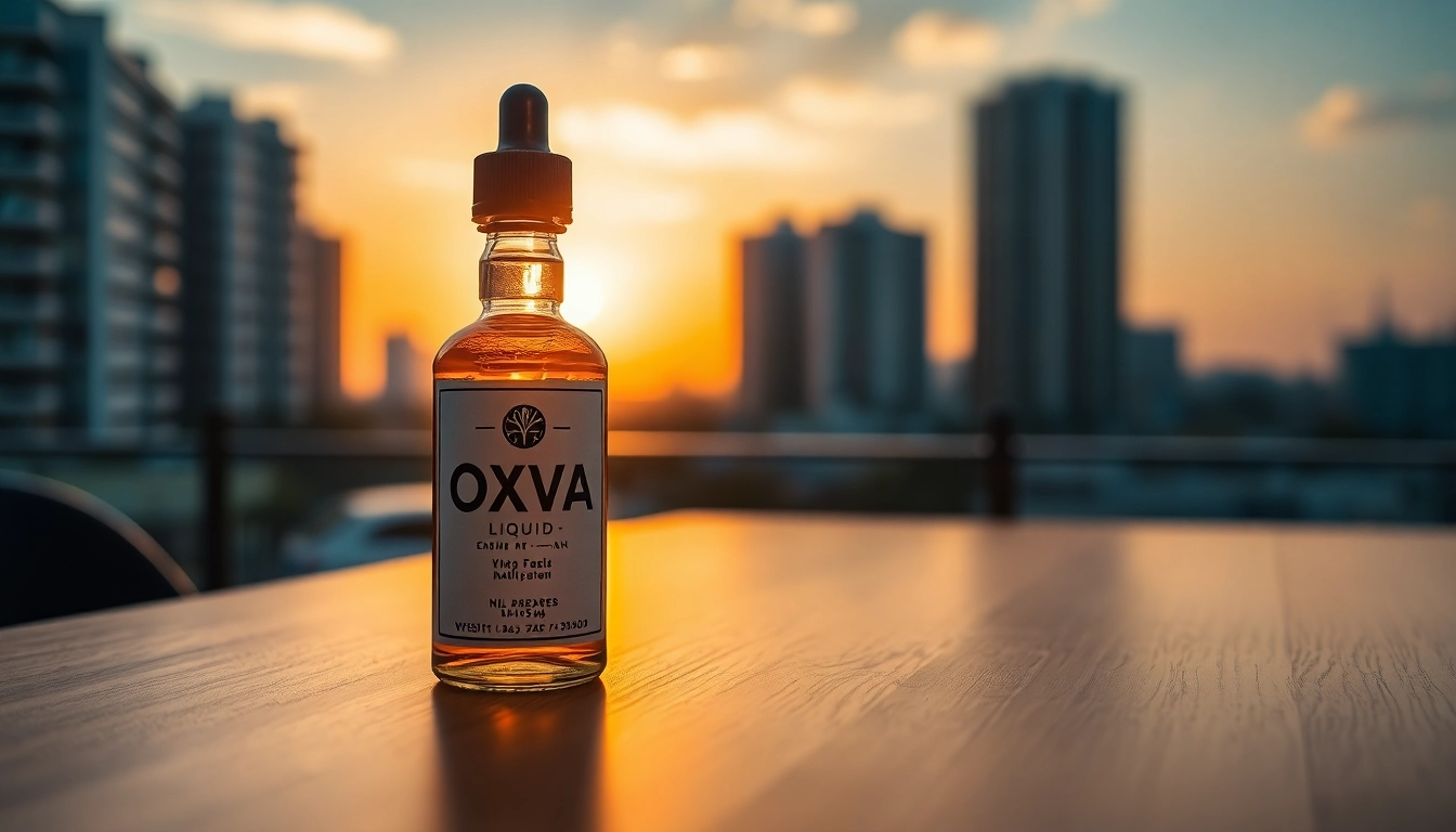 Oxva Liquid in an elegant vaping scene on a wooden table with a blurred urban sunset background.