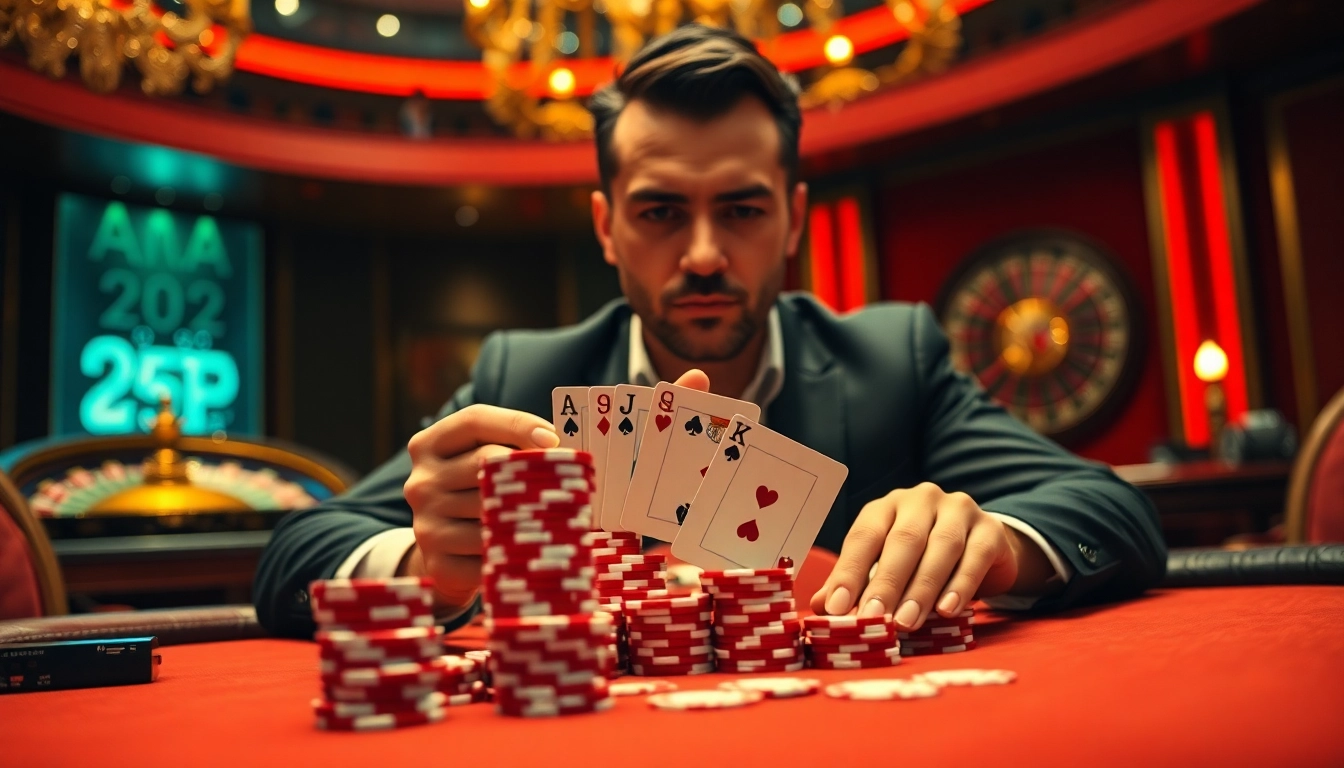 KPI4D poker table showcasing vibrant chips and cards in a luxurious casino setting.
