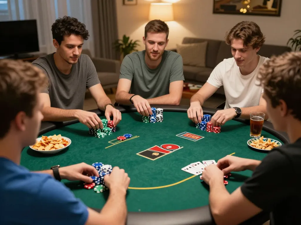 Friends enjoying poker night with strategic gameplay at table, focusing on sites not on gamstop.