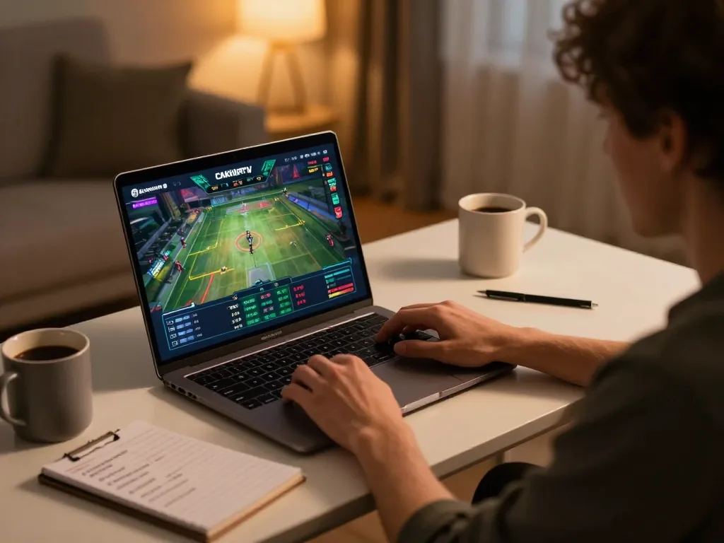Cakhiatv user strategizing sports bets on a modern laptop in a cozy home setting
