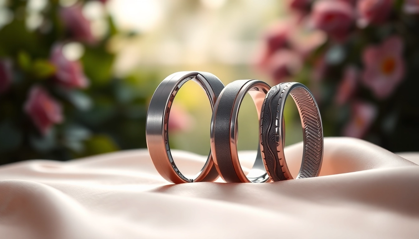 Showcase of tungsten wedding bands highlighting unique designs and natural reflections.