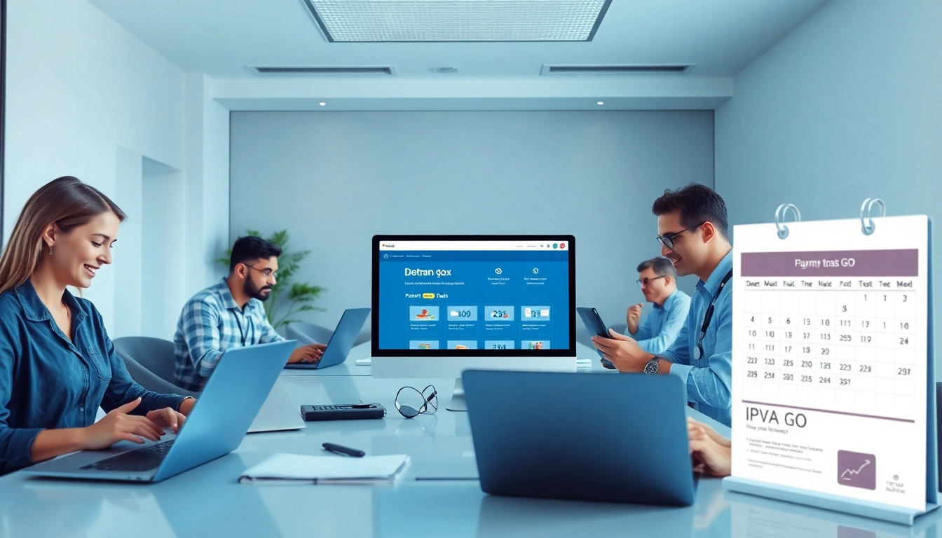 Users actively engaging with the Detran GO website in a professional setting to manage their tax payments.
