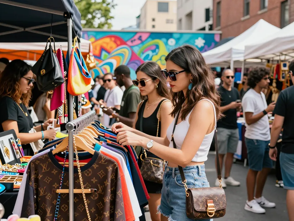 Young woman exploring trendy 레플리카 fashion items in vibrant urban marketplace.