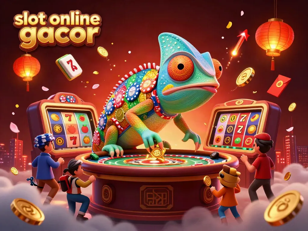 Sparkling gaming scene with a lively chameleon and slot machines highlighting slot online gacor excitement.