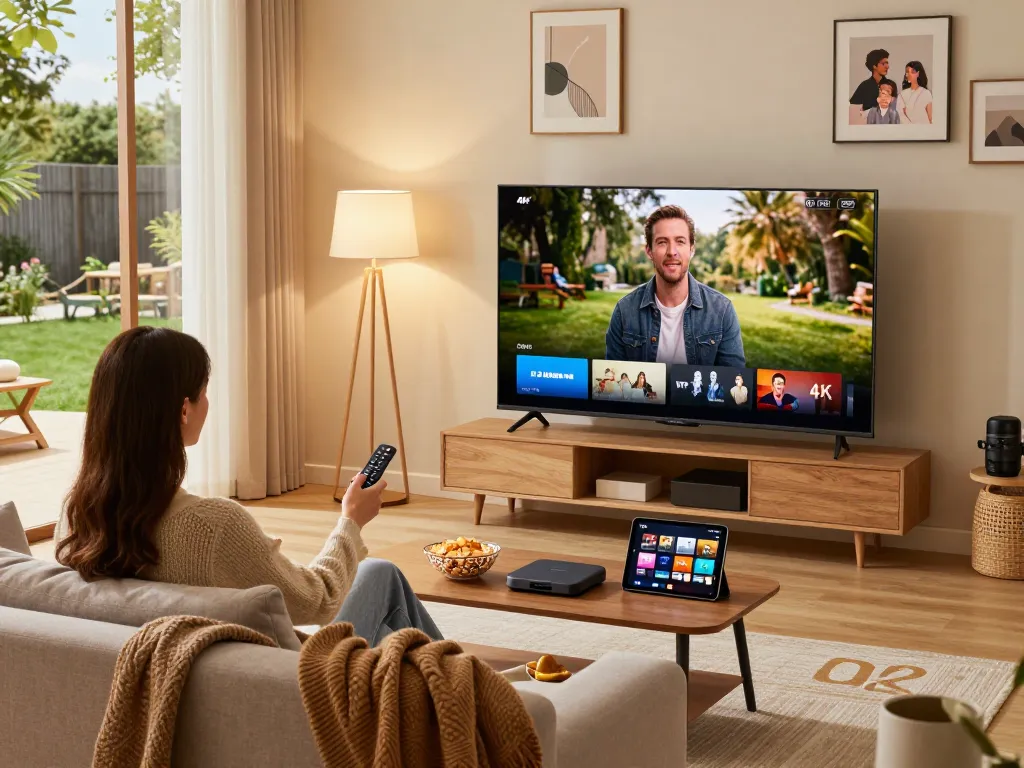 Genieten van IPTV Nederland-inhoud met een gezellige woonkameropstelling met 4K TV en snacks.
