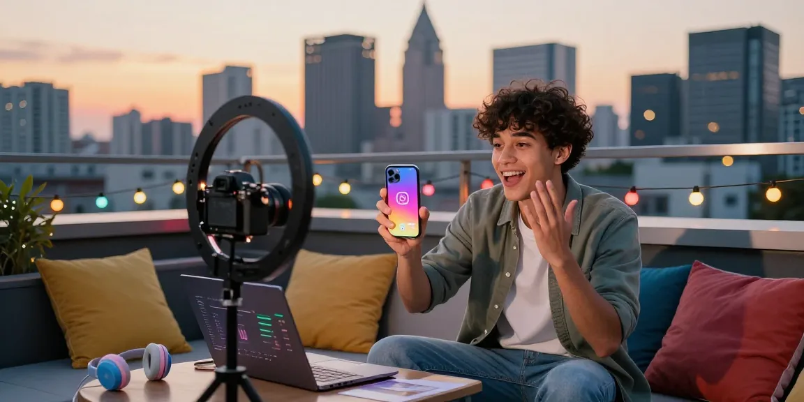 Youthful influencer recording live video for Instagram, showcasing how to acheter des likes sur live video Instagram in a vibrant city setting.