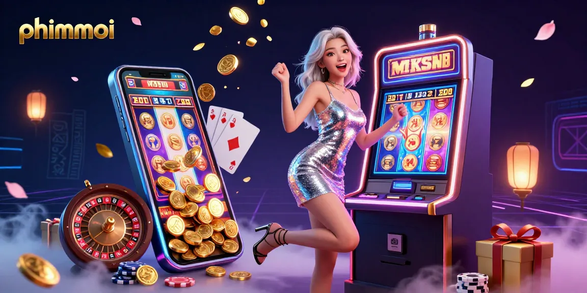 Celebrate winnings at phimmoi with a vibrant illustration featuring a glamorous woman interacting with a jackpot slot machine and dynamic gaming elements.