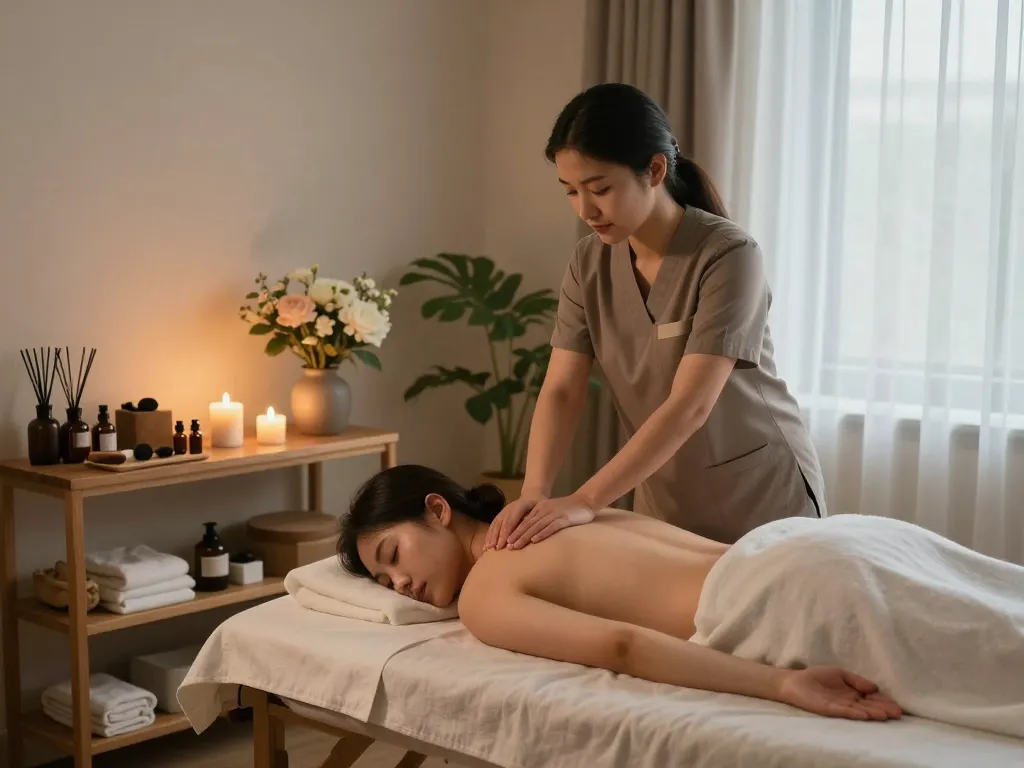 Relaxing 삼성동마사지 therapy scene in a serene spa setting, with calming lights and aromatherapy elements.