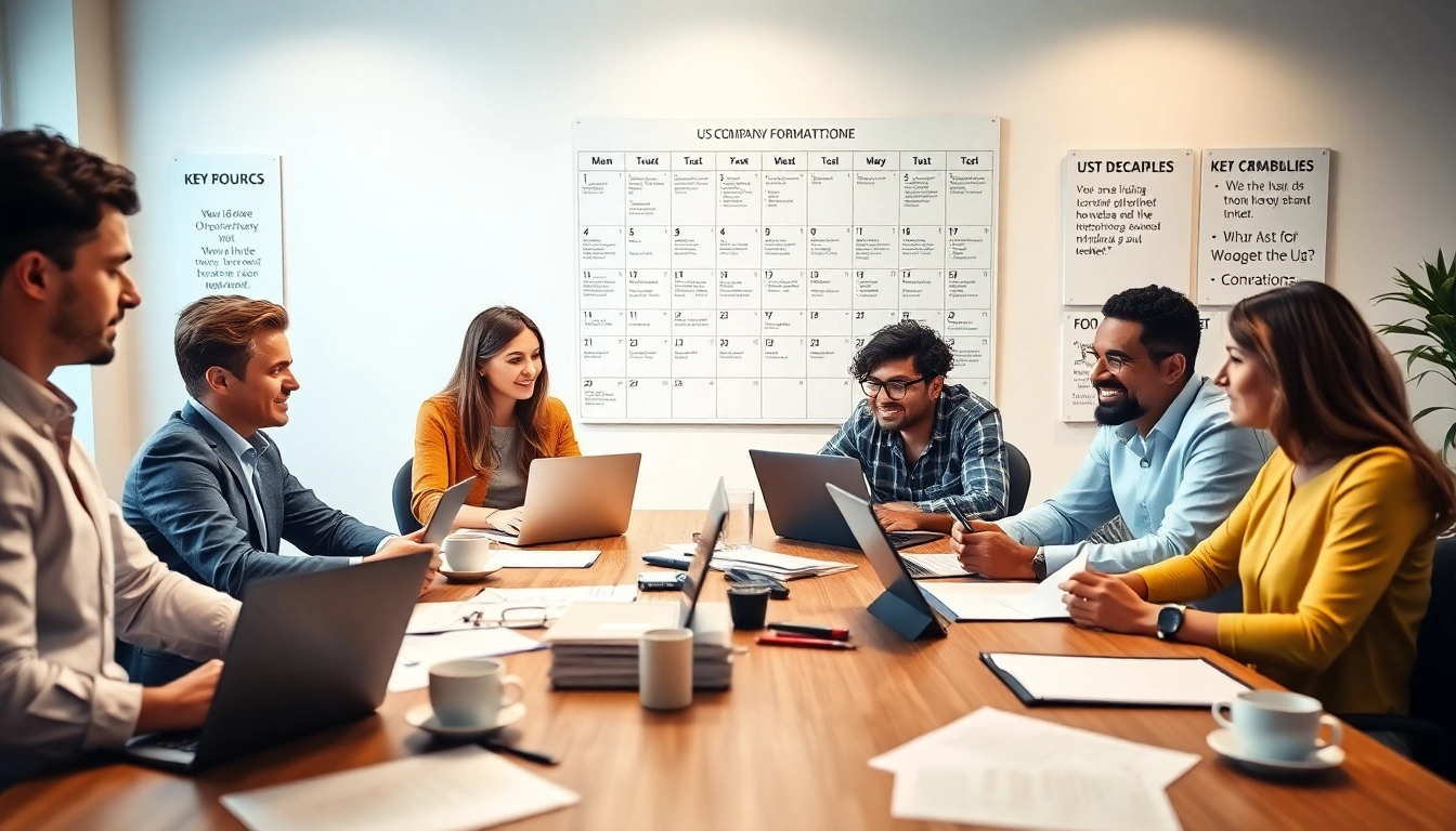Team collaboration on US company formation in a professional workspace setting.