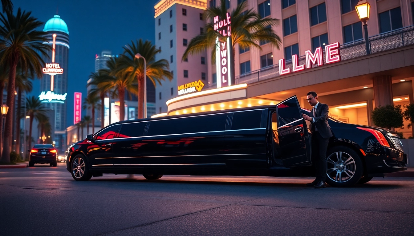 Experience luxury with our LA Limo service, featuring a stunning limousine in front of a Hollywood hotel.