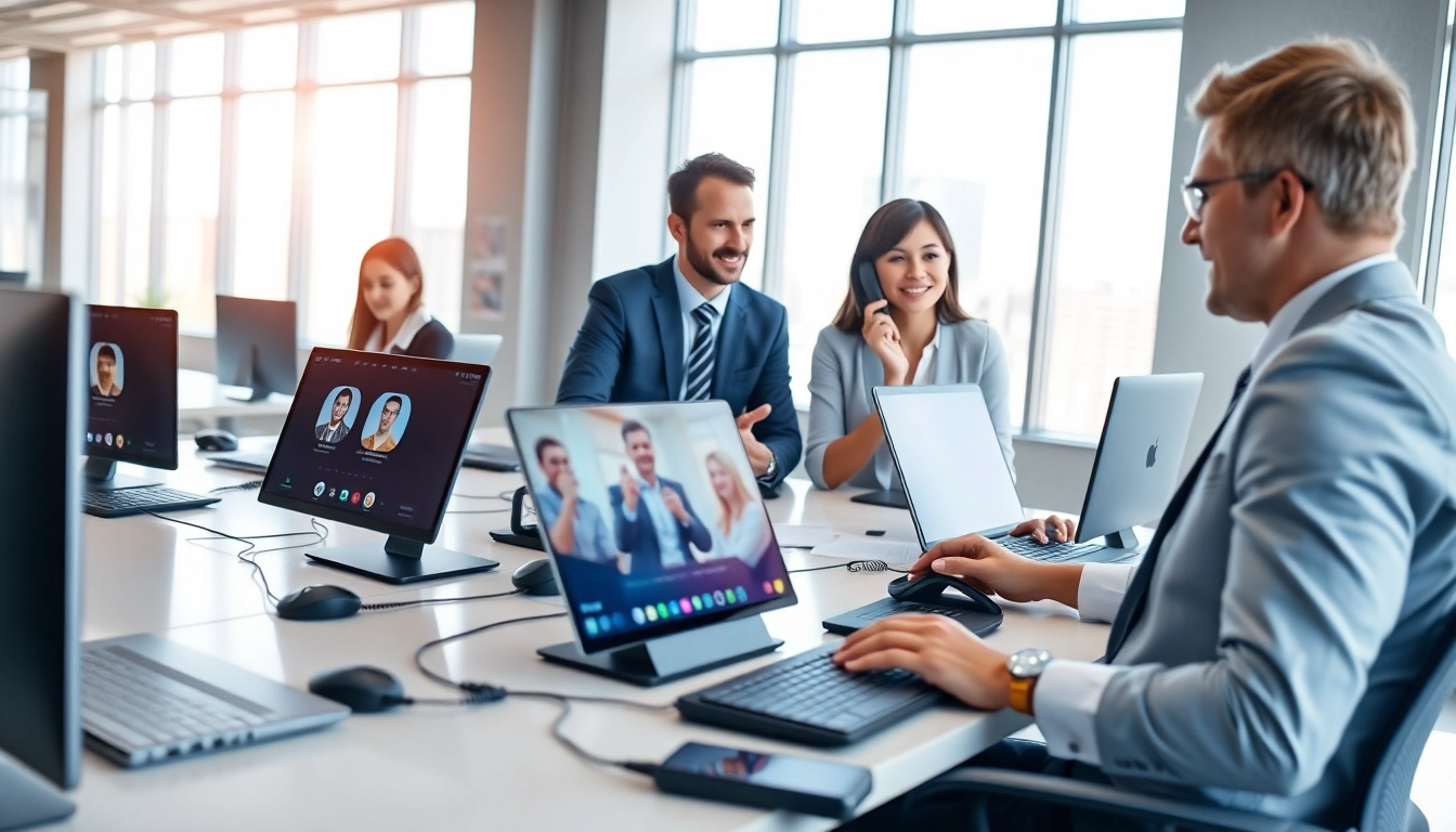 Collaboration over a cloud business phone system in a modern office setting.