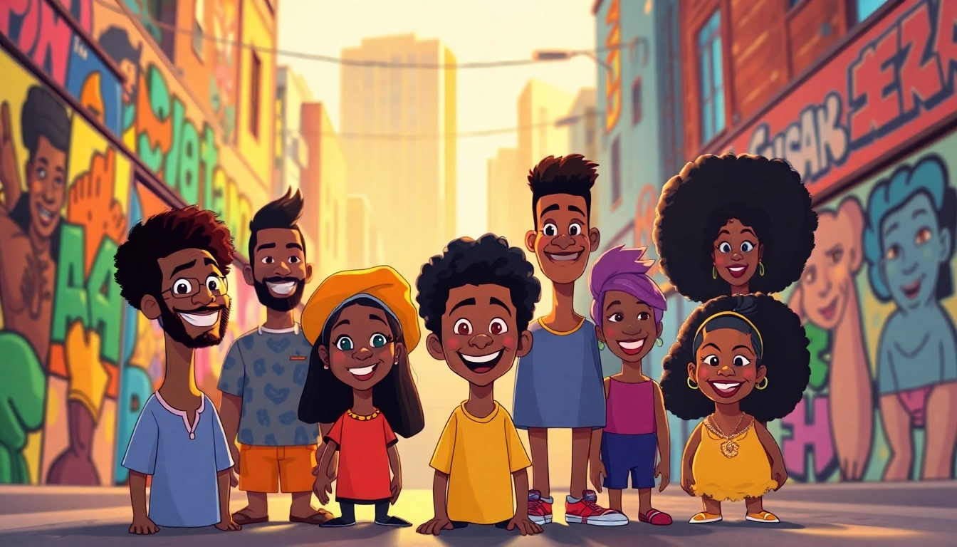 A collection of African American Cartoons characters in a vibrant urban setting, celebrating cultural diversity.