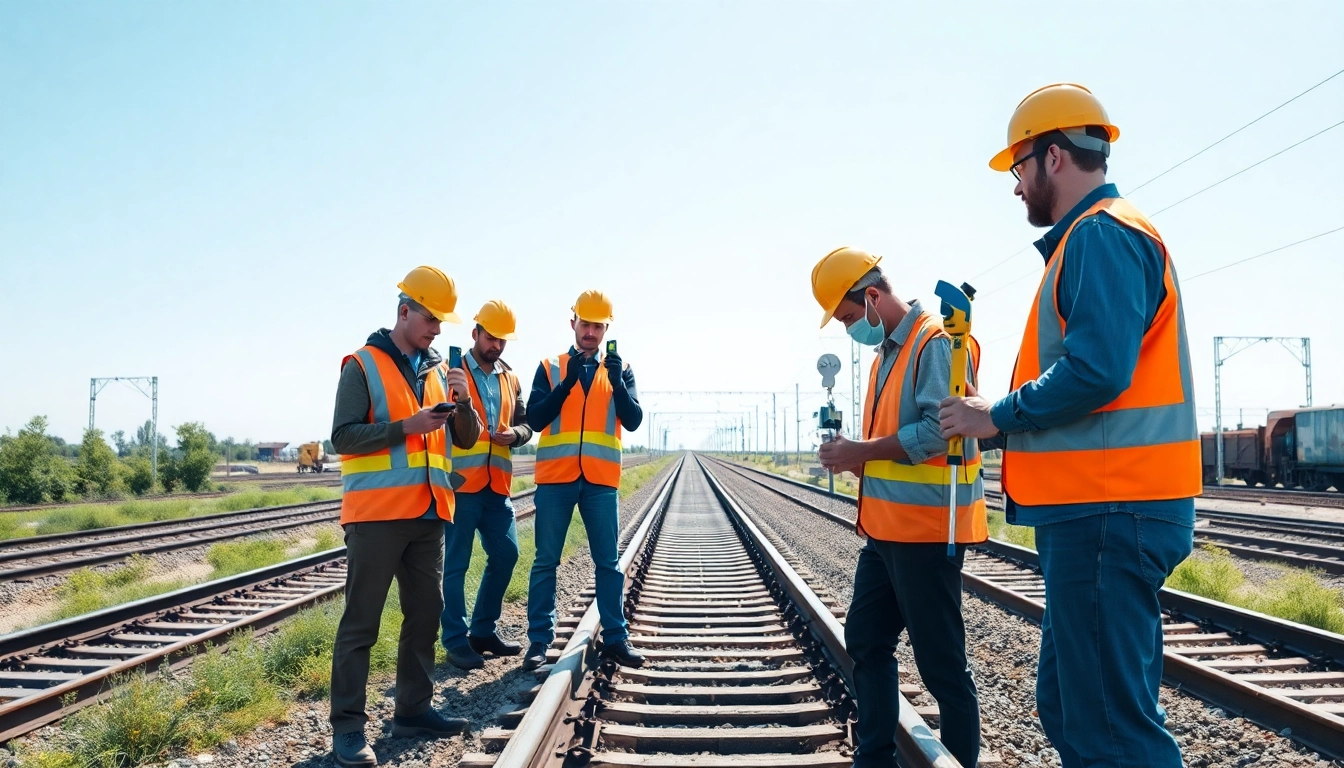 Engineers working on Railroad Engineering, inspecting tracks in a vibrant outdoor setting.