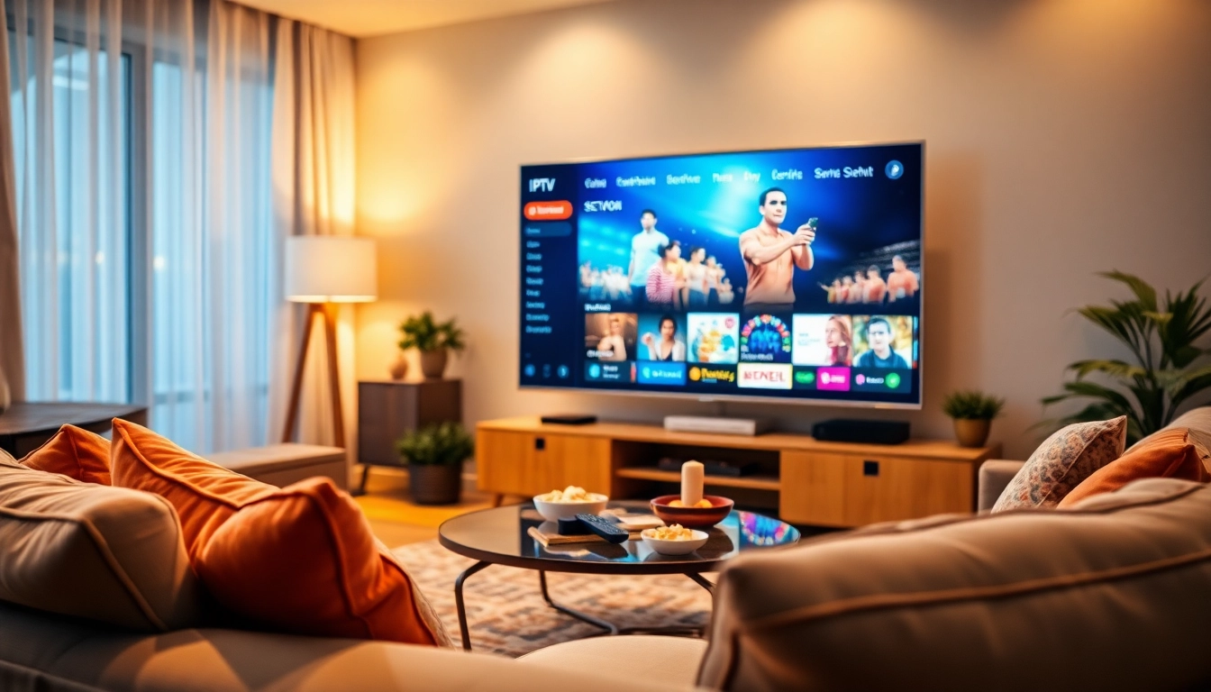 Iron IPTV streaming interface on a modern television in a cozy living room setup.