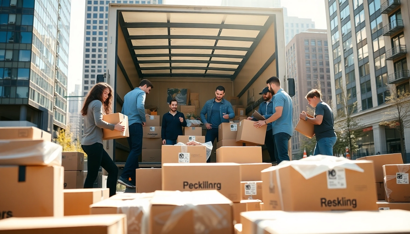 Efficient movers and packers loading a truck with boxes and supplies in a city environment.