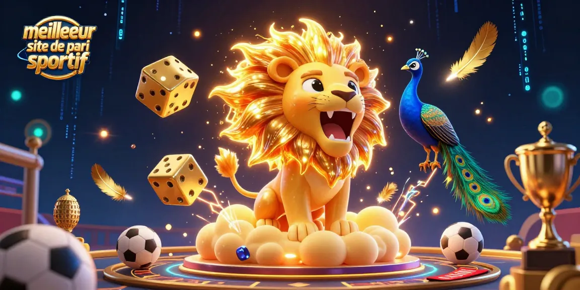 Jouer sur le meilleur site de pari sportif avec un lion solaire, dés dorés et éléments sportifs captivants.