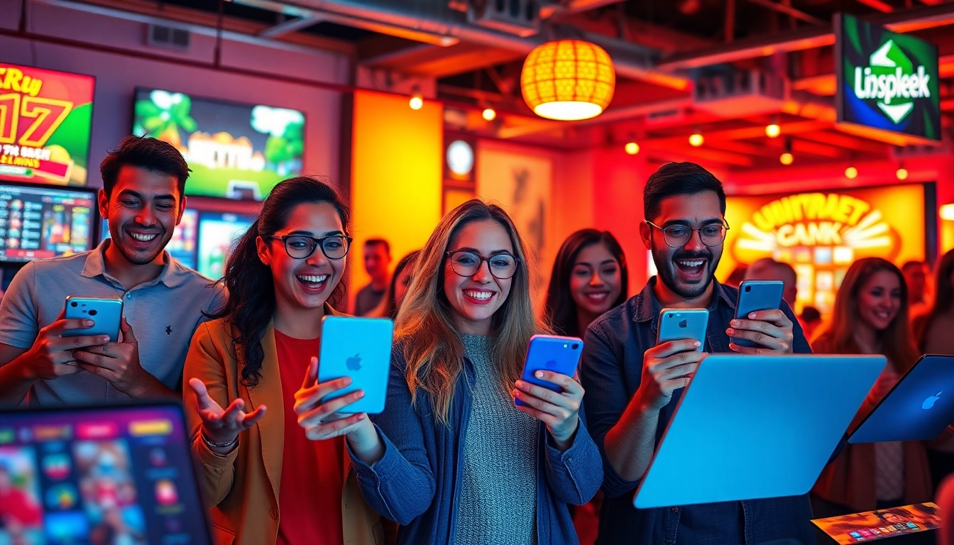 Engaging scene showcasing online gamers and betting enthusiasts at https://nhacaiuytin.tokyo/ in a vibrant, lively atmosphere.