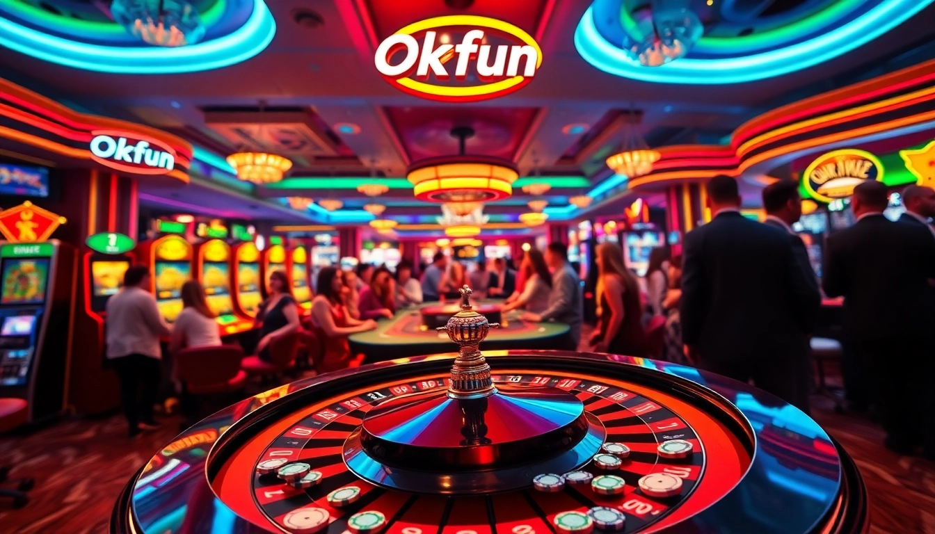 Okfun brings excitement to life with a roulette wheel at a bustling casino, representing thrilling gambling experiences.
