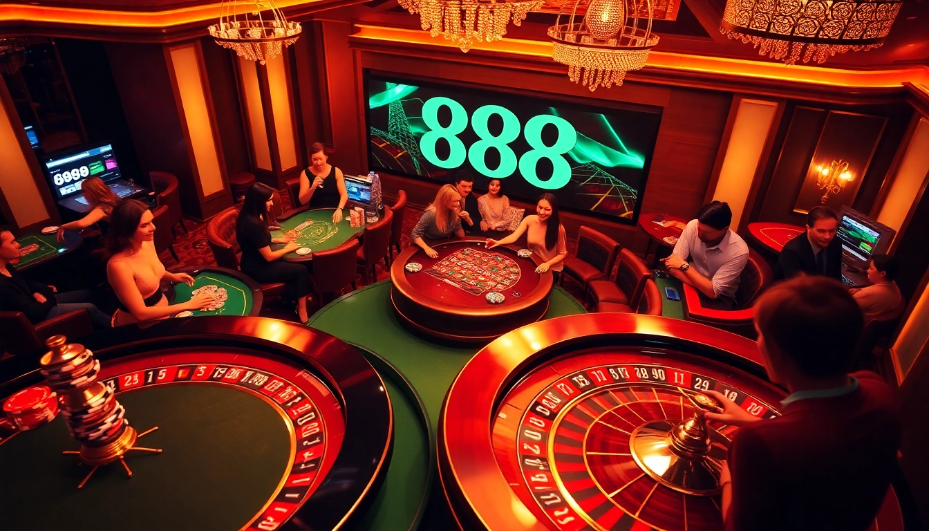 Players enjoy thrilling games in a luxury casino setting with 888new promotions displayed prominently.