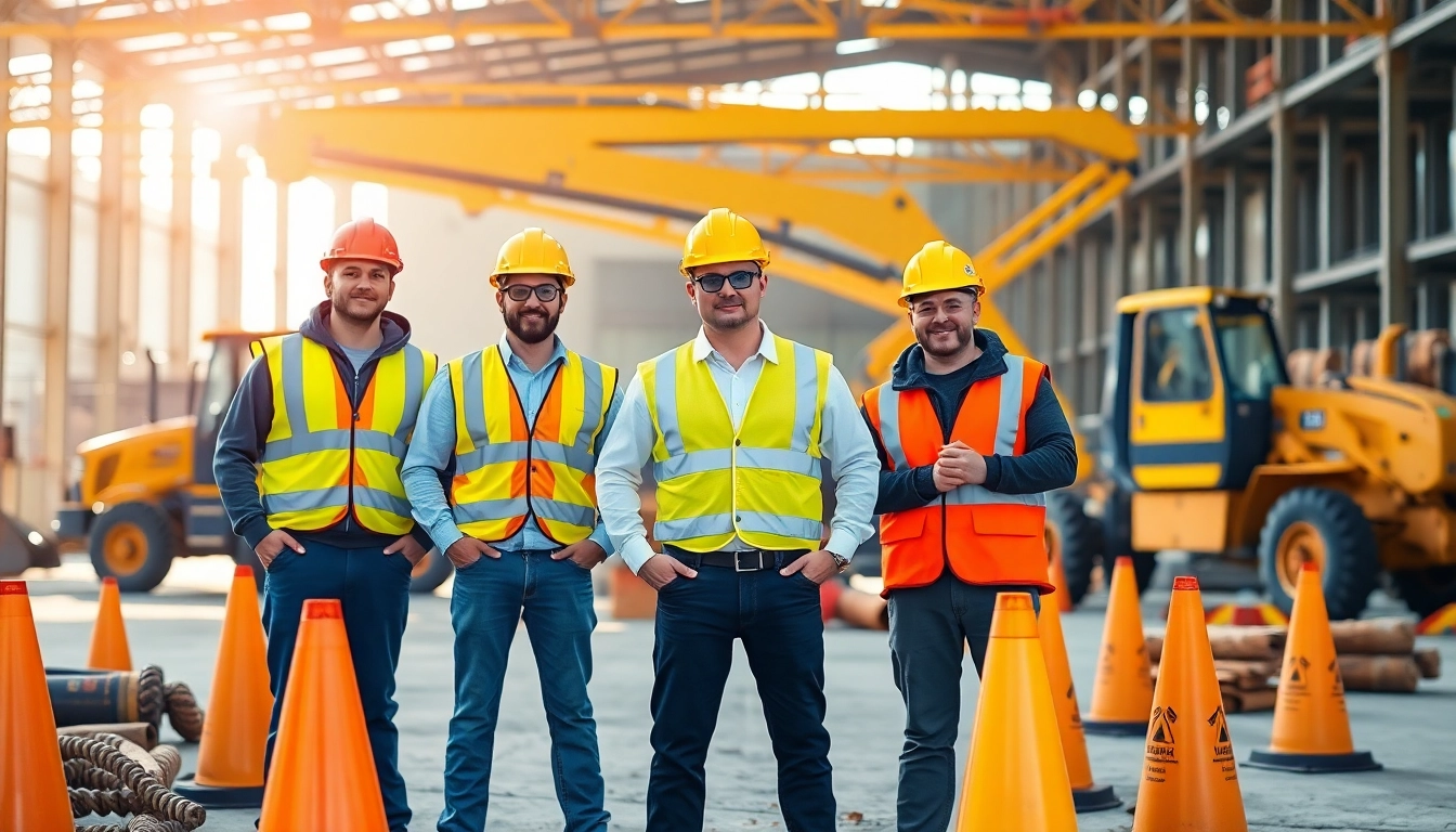 Workers ensuring construction site safety with protective gear and proper precautions.