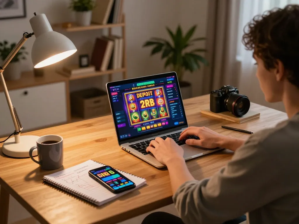Engaging in slot deposit 2rb online gaming at a stylish home desk, showcasing vibrant casino interface and strategic notes.