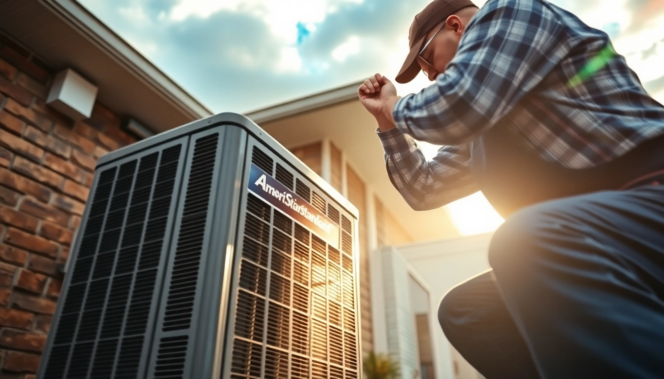 Showcase of American Standard heat pumps being installed outside a modern home.
