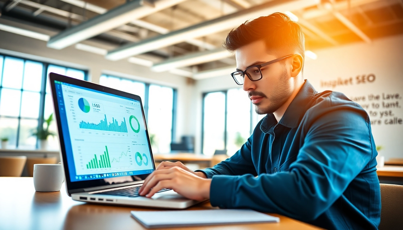 Analyze SEO Rank Tracker data on a laptop in a bright co-working space.