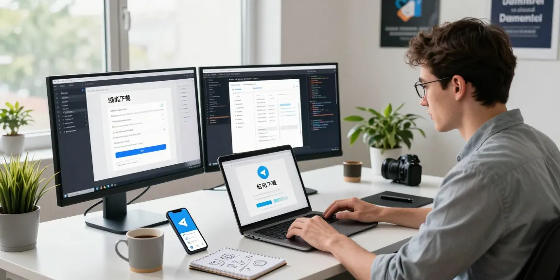 Explore the features of 纸飞机下载 in a modern tech workspace with research tools and Telegram app interface.