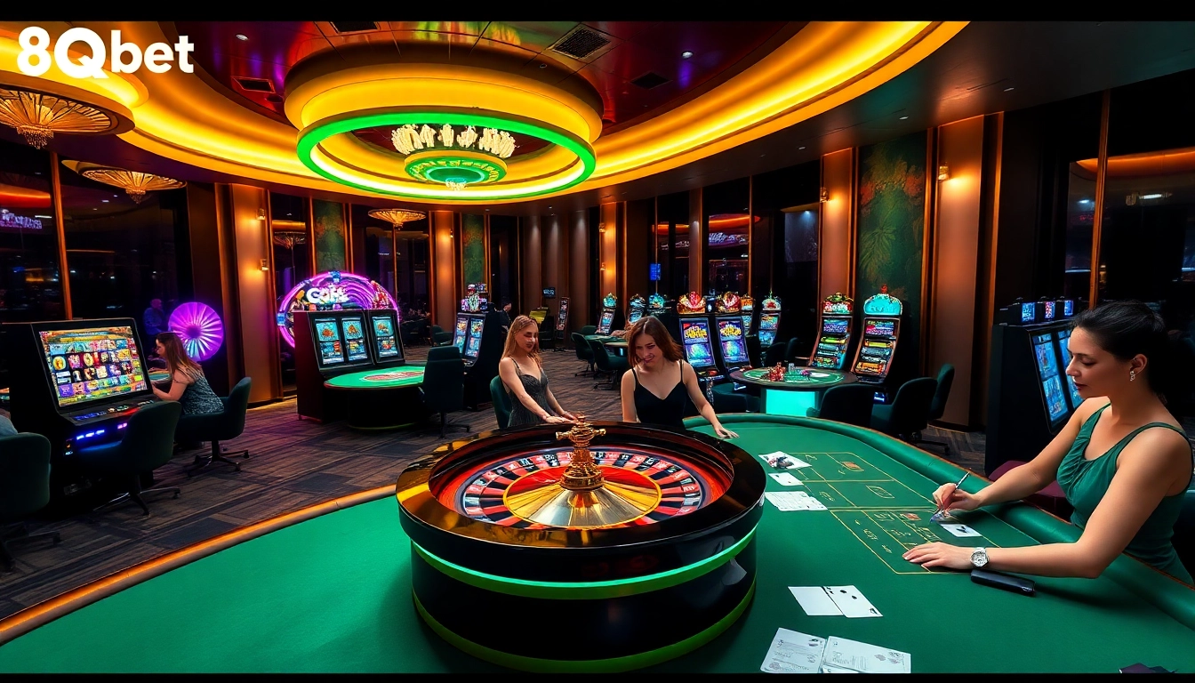 Players enjoying a vibrant atmosphere at 8qbet online casino with roulette and slot machines.