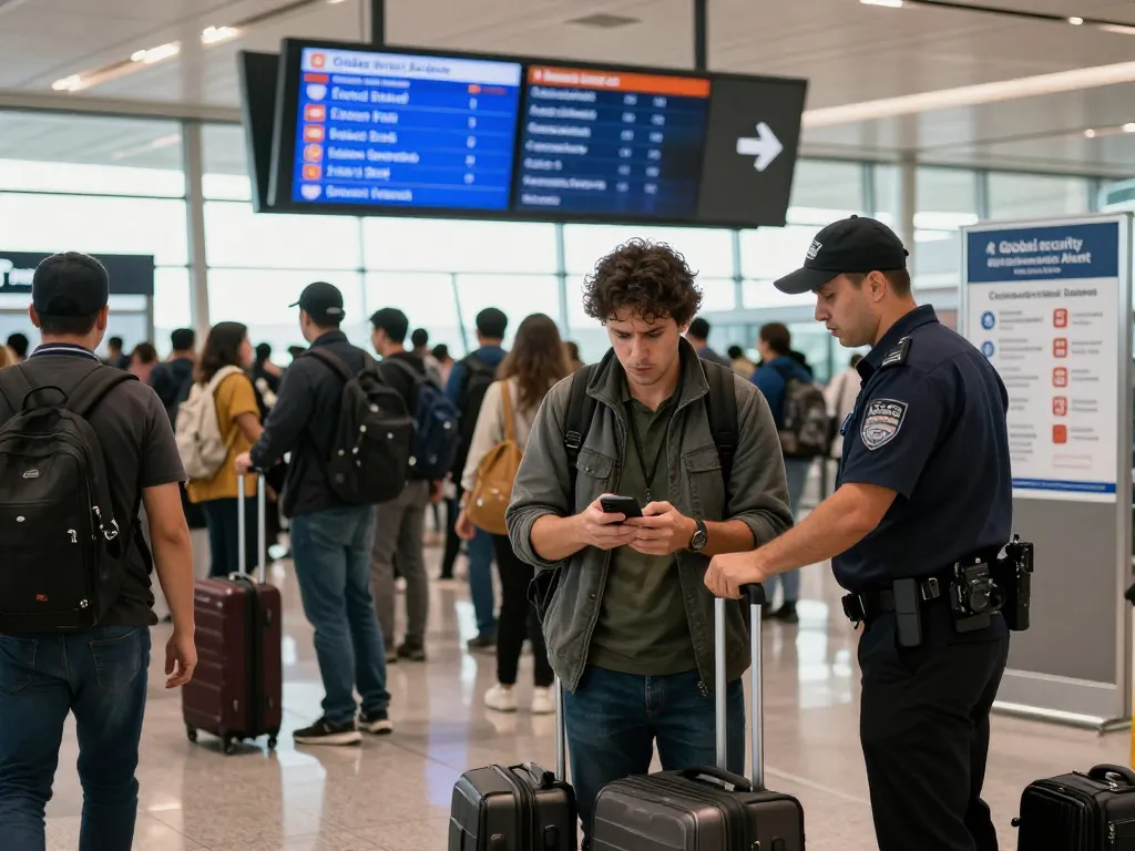 Traveler receiving Global Security Alert at busy airport, highlighting the importance of travel safety.